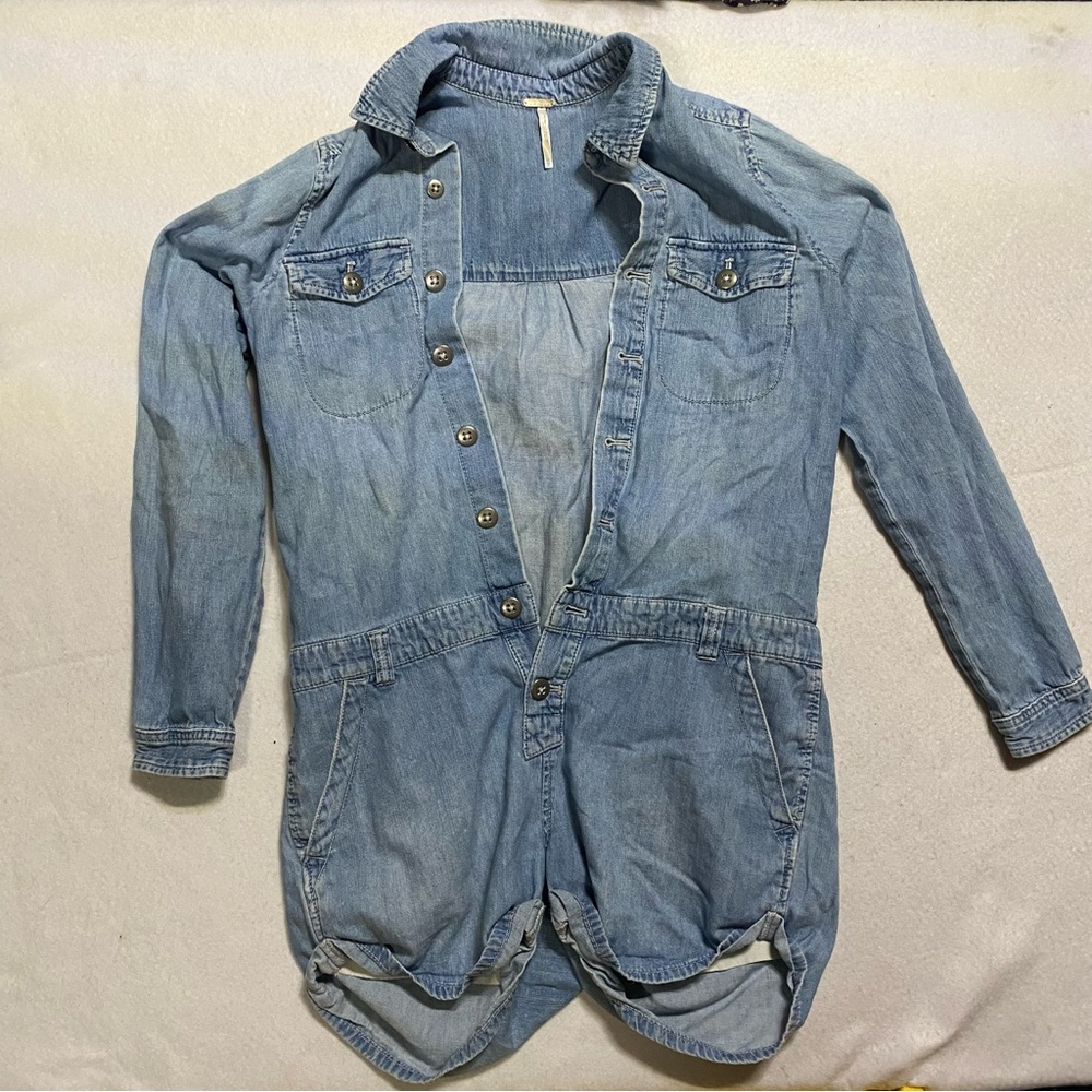 Free People Button Up Denim Romper XS